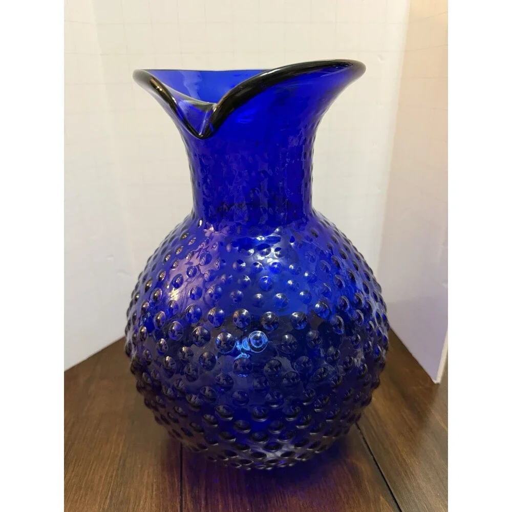 Vintage Colbalt Blue Hobnail Hand Blown Large Glass Pitcher